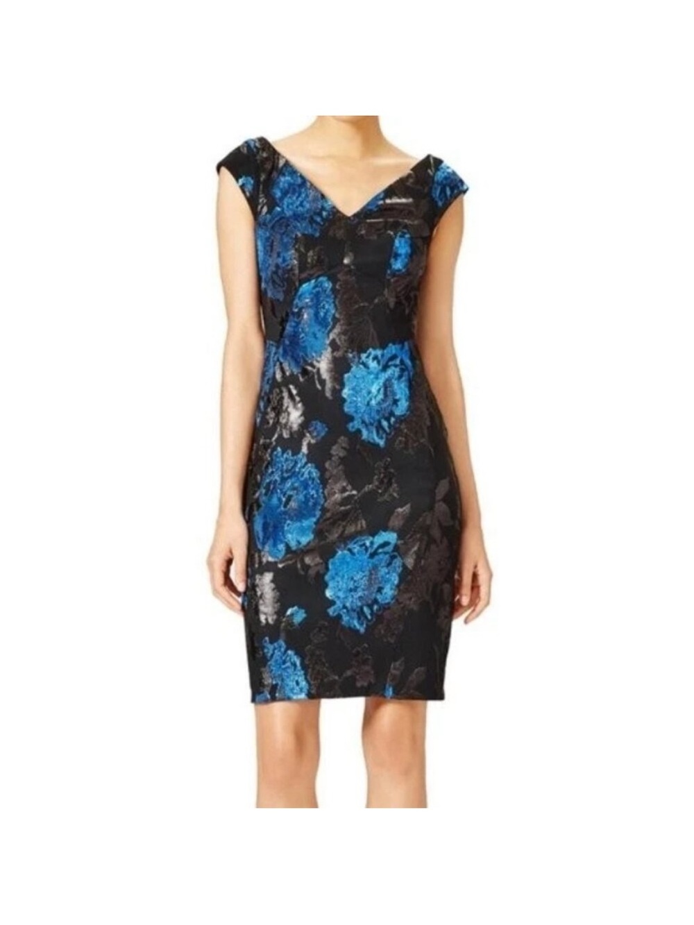 Yoana Baraschi Black & Blue Floral Cap-Sleeve Metallic Sheath Dress—Sz 16